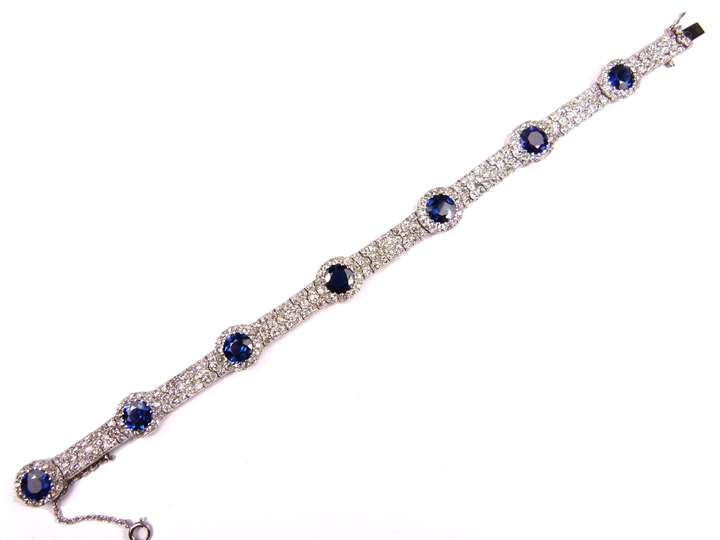 Antique diamond and sapphire cluster strap bracelet